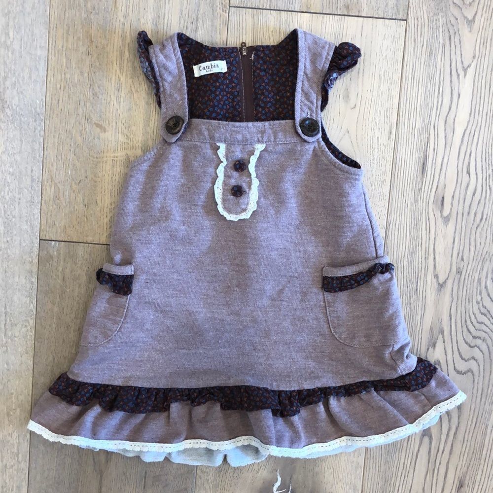 Cambia Kids Brown Overall Ruffle Dress, Girls 7